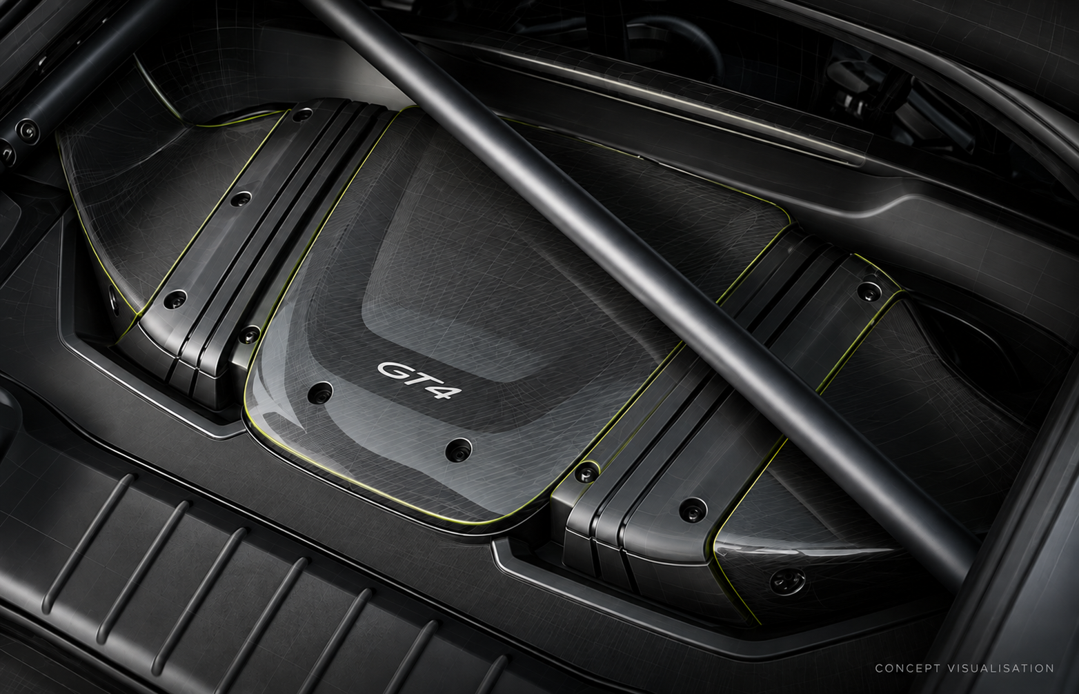 GT4 intake installed-perspective concept render with lime accents